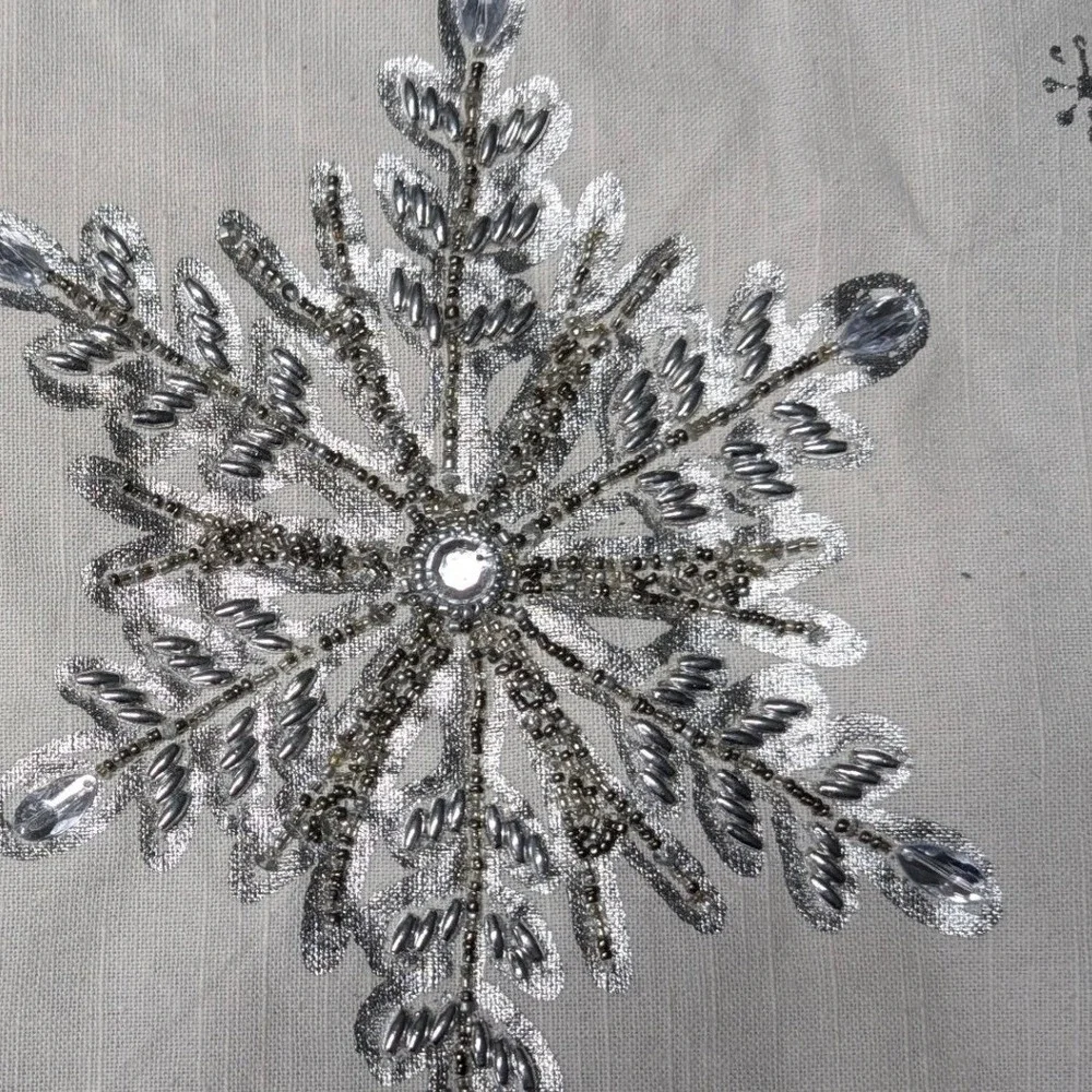 Silver Beaded Snowflake Table Runner Gray Metallic Holiday Winter Decor 72 Inch